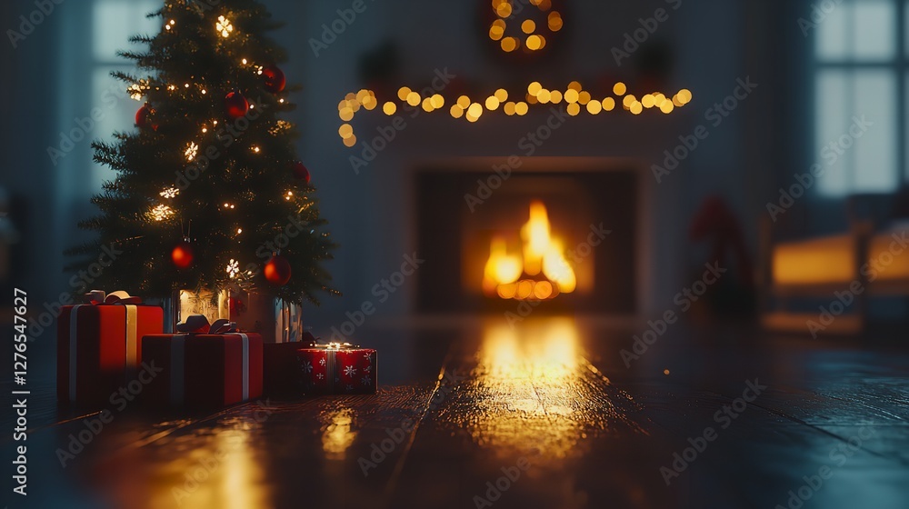 Cozy Christmas Eve Fireplace Scene Presents Under Tree Warm Lights Festive Holiday Season Winter Home Decor Background Cozy Christmas Eve Fireplace Scene Presents Under Tree Warm Lights Festive Holiday Season Winter Home Decor Background
