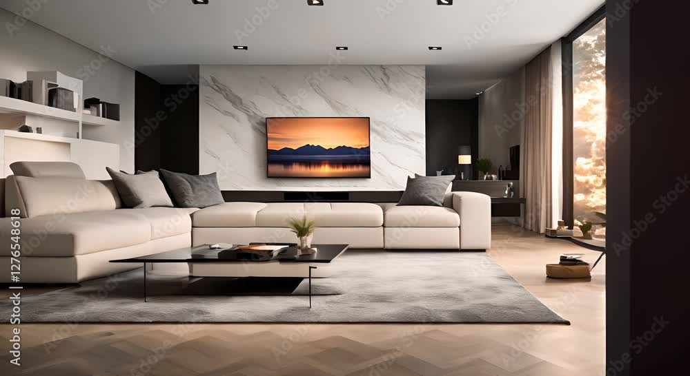 A large sectional sofa sits in the center of the room facing a large flat screen TV mounted on the wall 4K