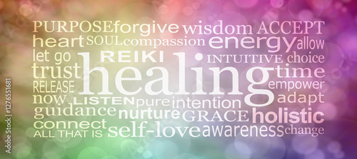Simple Reiki Healing Word Cloud Wall Art - colourful bokeh background with a rectangular word cloud relevant to practitioners who use Reiki Energy healing in their practise. 
