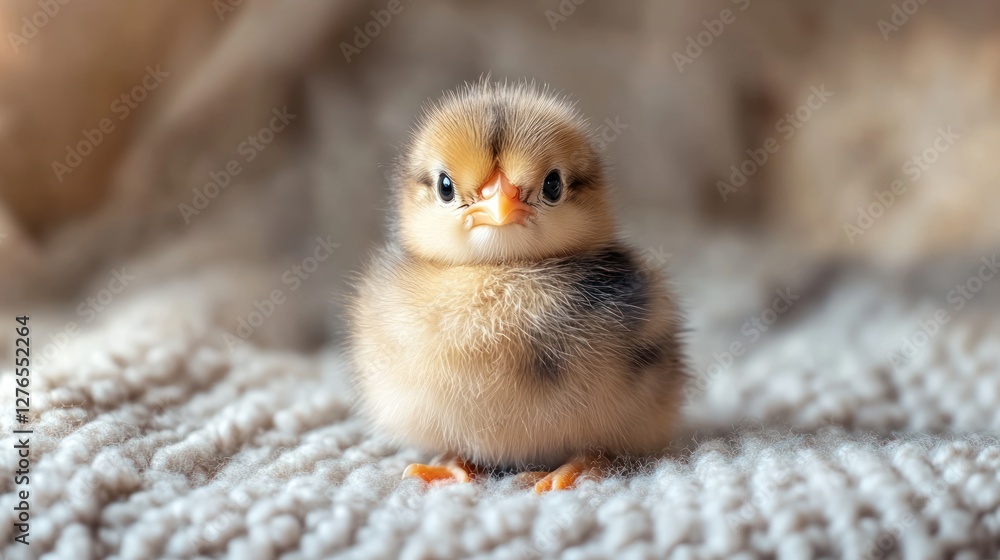 Fototapeta premium Adorable Tiny Chick on Soft Knitted Blanket