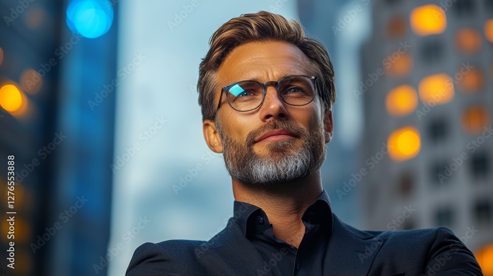Man wearing glasses and a suit is standing in front of a building. He is looking at the camera with a serious expression Man wearing glasses and a suit is standing in front of a building. He is looking at the camera with a serious expression