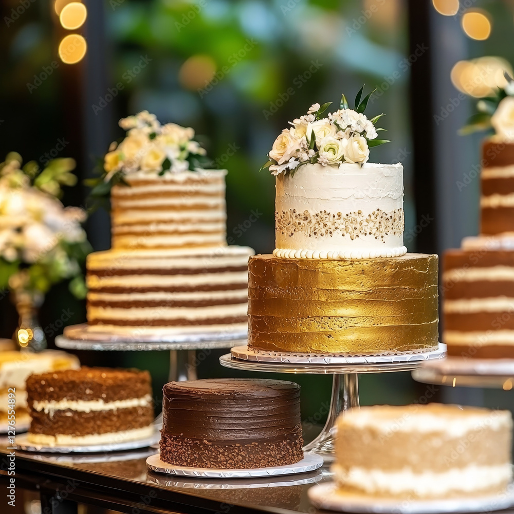 Assorted wedding cakes on display, showcasing various flavors and decorations Assorted wedding cakes on display, showcasing various flavors and decorations