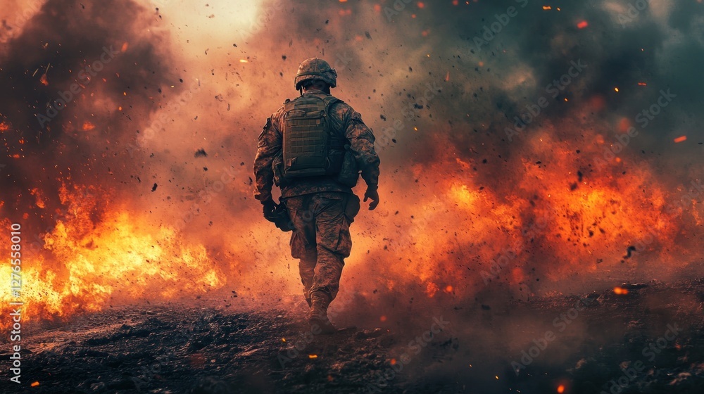 Solitary Soldier Amidst Inferno: A War-Torn Battlefield Solitary Soldier Amidst Inferno: A War-Torn Battlefield
