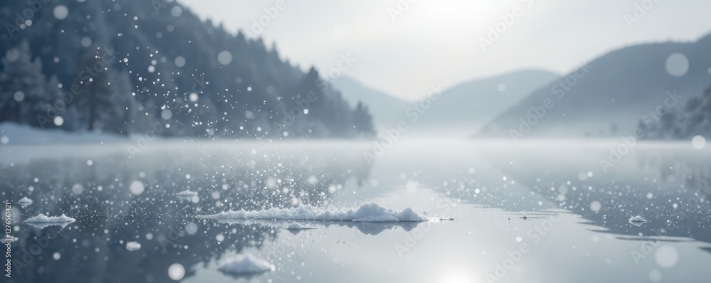 Whispy snowflakes fall on a snowy lake surface with subtle gradient effect, grayscale, background Whispy snowflakes fall on a snowy lake surface with subtle gradient effect, grayscale, background