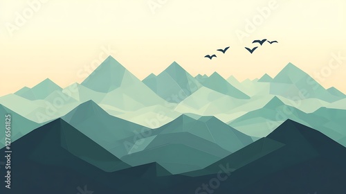Serene Polygonal Mountain Range With Birds Flying High