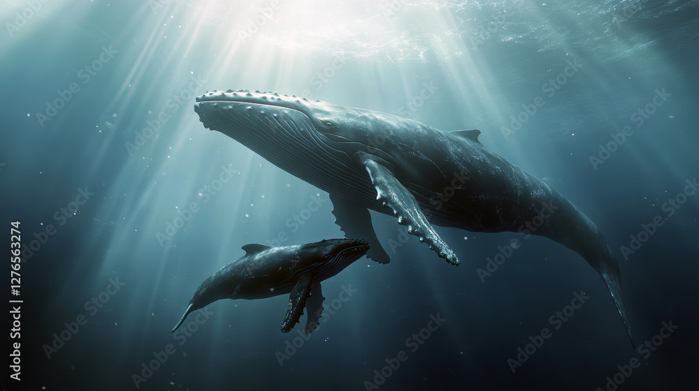 Fototapeta premium Majestic humpback whale and calf swimming in the ocean depths.