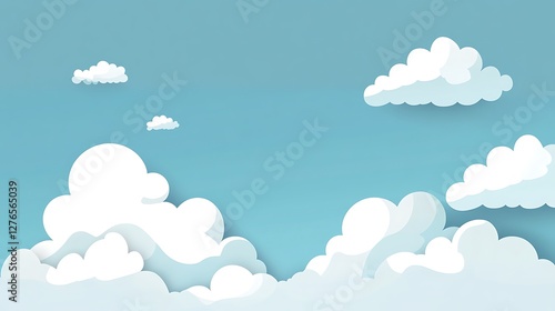 Fluffy white clouds float across a pale blue sky