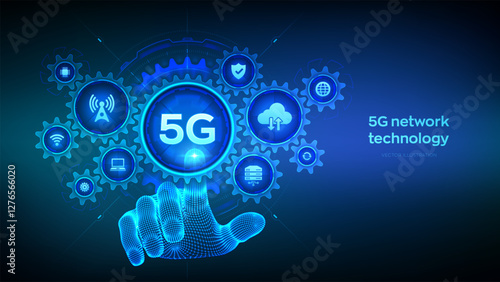 5G network wireless systems technology concept. Smart city. IOT. 5G mobile internet wifi connection. Wireframe hand touching digital interface with connected gears cogs and icons. Vector illustration.