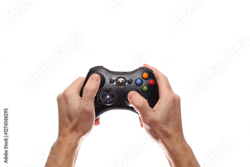 Gaming gesture in the arm extended in the top. photo