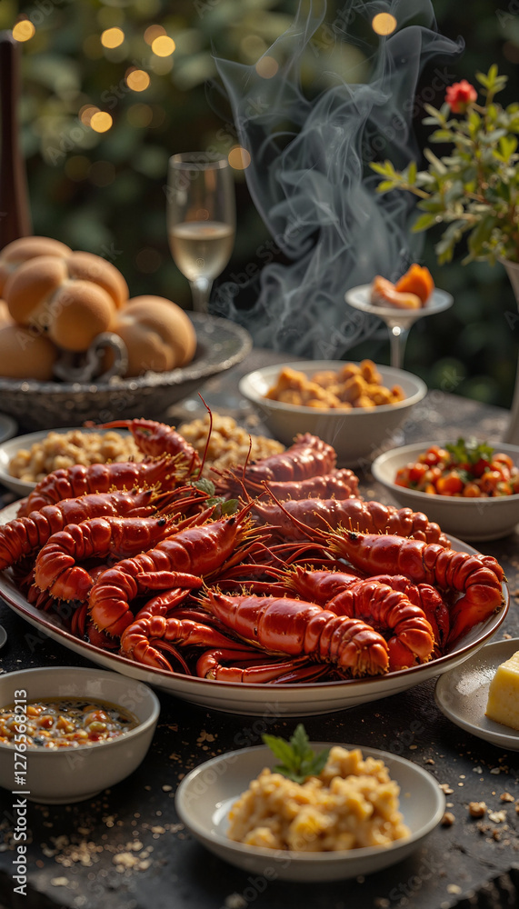 Fototapeta premium Delicious crayfish spread at Swedish kräftskiva, evening ambiance