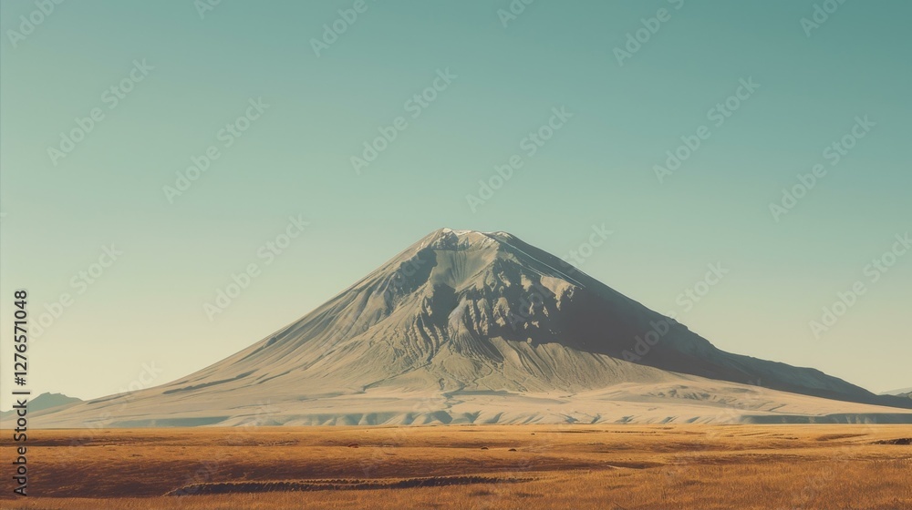 Tranquil Landscape of a Towering Mountain and Golden Field under a Clear Blue Sky Serene View Tranquil Landscape of a Towering Mountain and Golden Field under a Clear Blue Sky Serene View