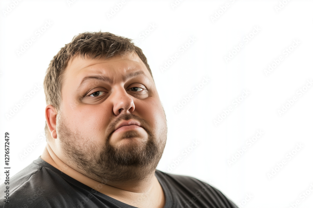 Portrait of chubby man with serious face isolated on white background, Selective focus middle age fat man with big tummy. Portrait of chubby man with serious face isolated on white background, Selective focus middle age fat man with big tummy.