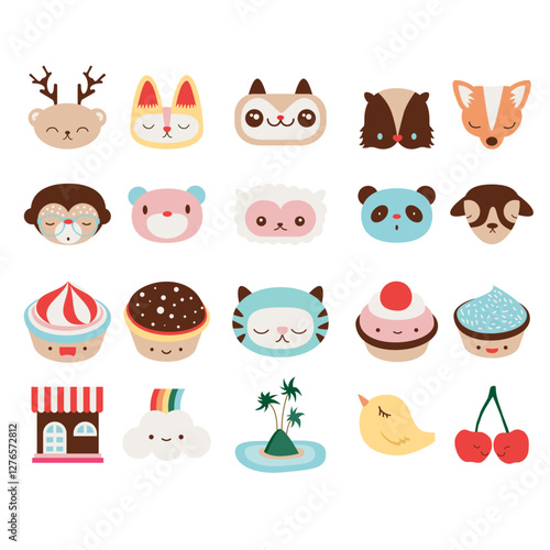 Cheerful Cute Kawaii  Food and Animal Icon Set with Pink Cupcake, Pastel Glaze, Sprinkles, Cherry, Bird,  Cat, Monkey, Dog, Bear, Fox, Sheep, Deer, Squirrel,  Rainbow, Cloud, Island and Shop