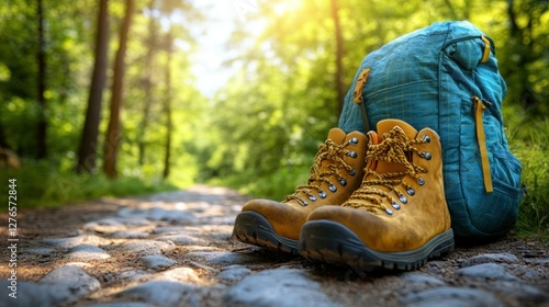 Fototapeta Naklejka Na Ścianę i Meble -  Hiking boots and backpack on forest path, sunny day