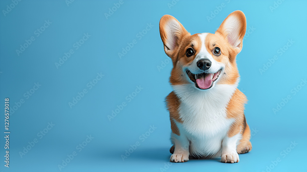 Portrait of a pembroke welsh corgi dog wearing pink bandana tie looking at the camera with mouth open seen from the front on a blue background Portrait of a pembroke welsh corgi dog wearing pink bandana tie looking at the camera with mouth open seen from the front on a blue background