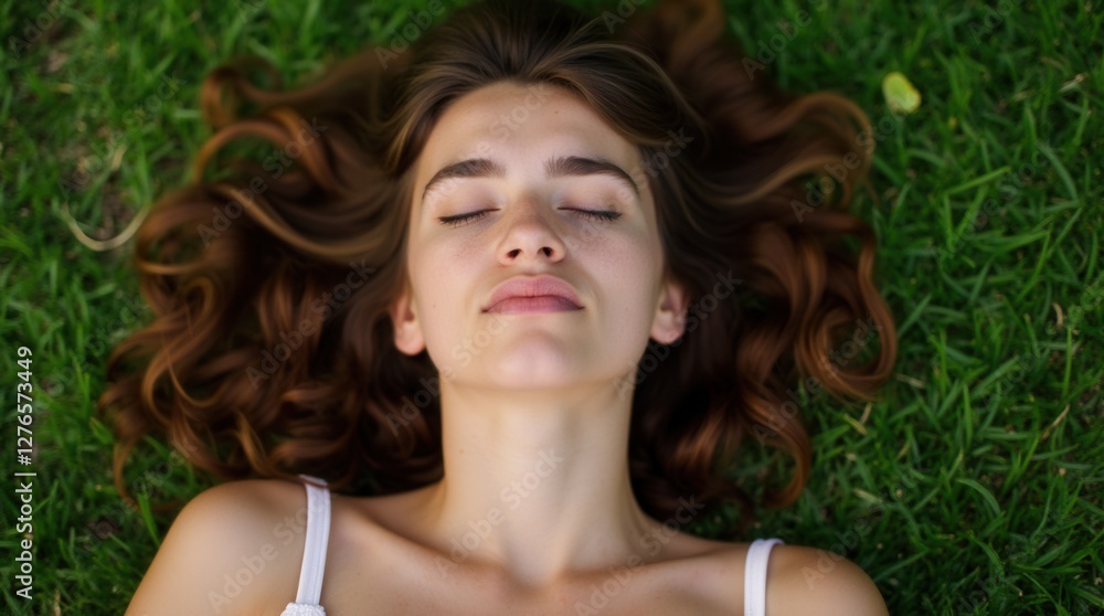 Peaceful Young Woman Relaxing on Green Grass Peaceful Young Woman Relaxing on Green Grass