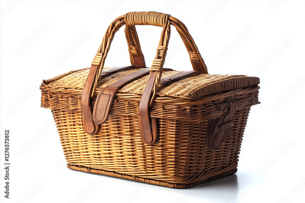 Selective focus picnic basket isolated on white background, Outdoor activity rattan basket for recreation time. Selective focus picnic basket isolated on white background, Outdoor activity rattan basket for recreation time.