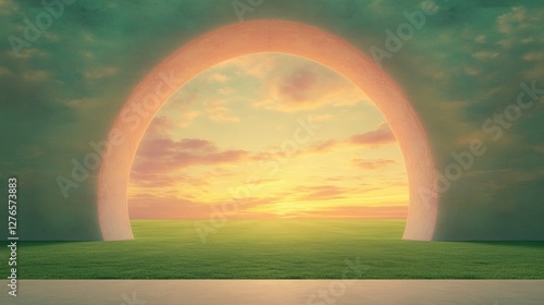 Vibrant sunset framed by glowing arch, casting colors across ser