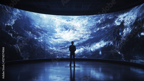 Climate Change Technology A person stands in awe before a large screen displaying a vibrant cosmic scene.