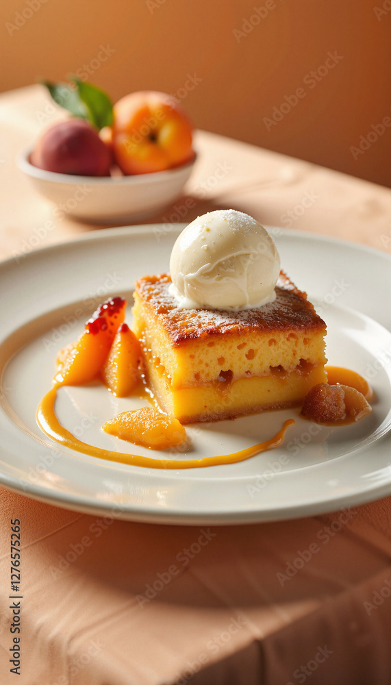 Elegant peach cobbler presentation on fine dining table, culinary artistry Elegant peach cobbler presentation on fine dining table, culinary artistry