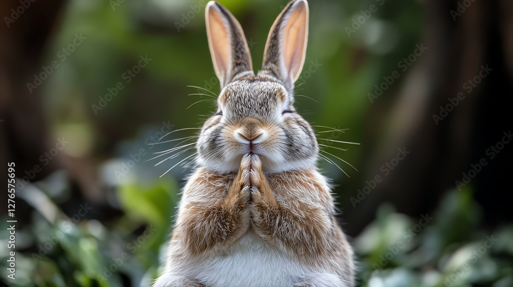 Fototapeta premium A cute rabbit sitting quietly in a serene green environment.