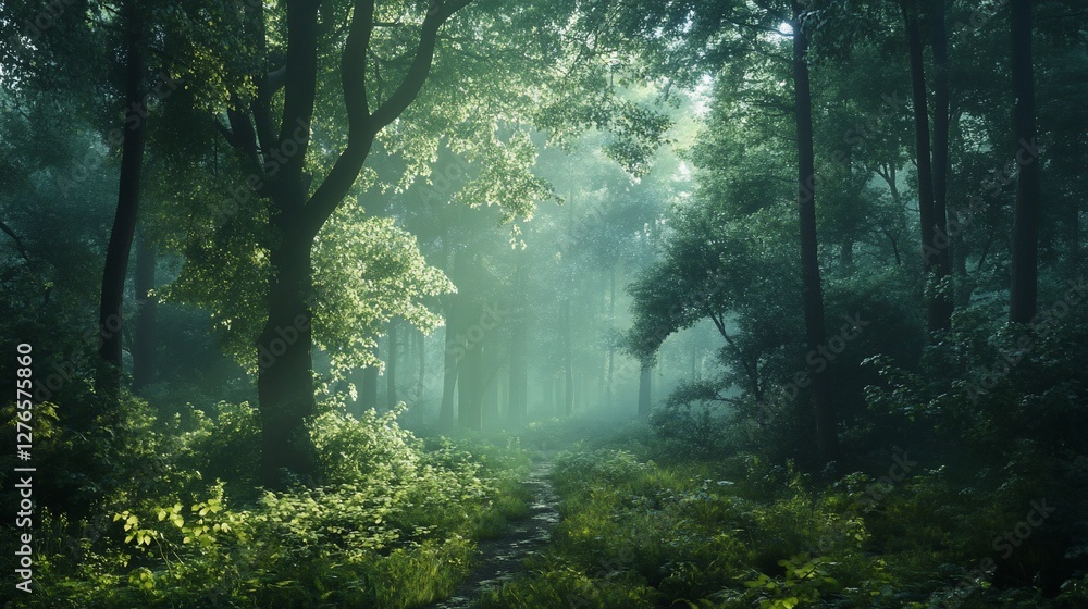 Obraz premium Sunlit path through misty green forest.