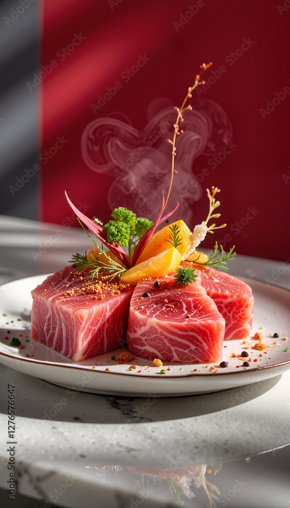 Elegant salo presentation with decorative garnishes, culinary artistry Elegant salo presentation with decorative garnishes, culinary artistry