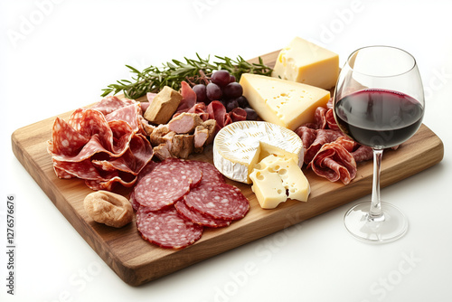 Top view cheese board with grapes, biscuit, salami, wine and honey isolated on white background, Selective focus chacuterie on wooden cutting board, Variety cheese board and preservation food.