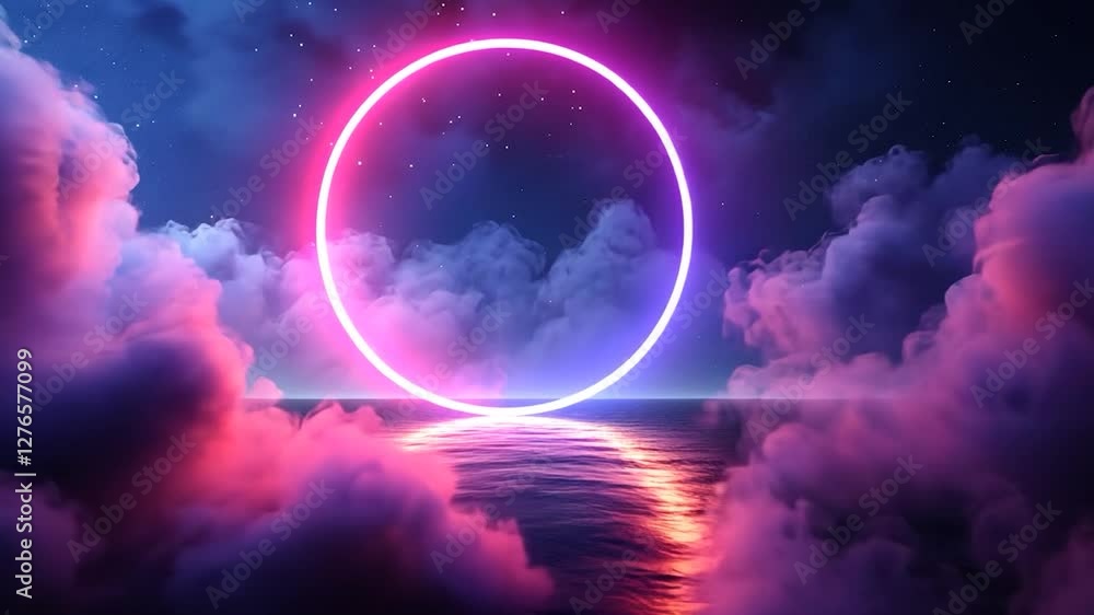 Neon ring portal through cloudscape Neon ring portal through cloudscape