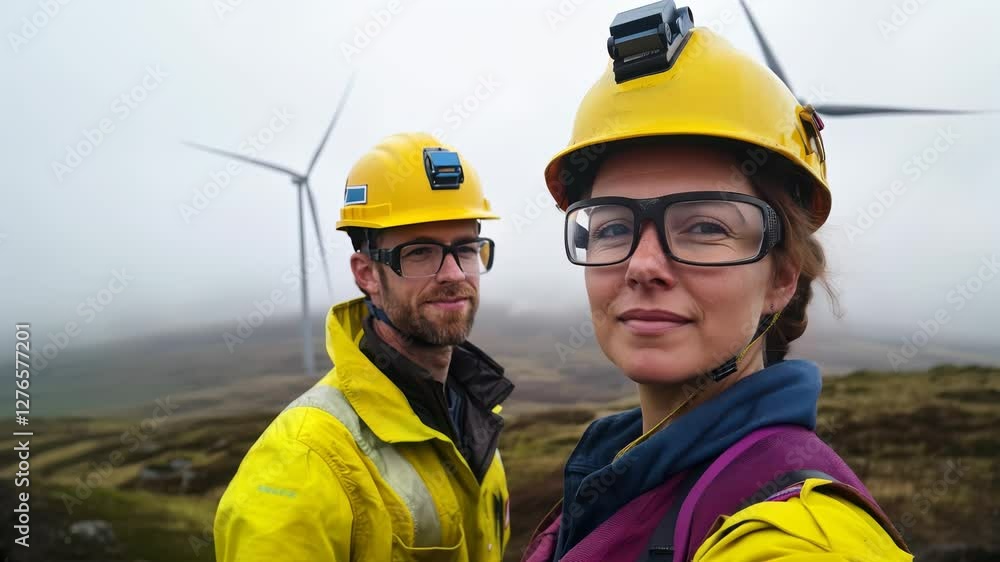 Wind energy engineers working at a wind farm, showcasing sustainability and clean energy innovation. Wind energy engineers working at a wind farm, showcasing sustainability and clean energy innovation.
