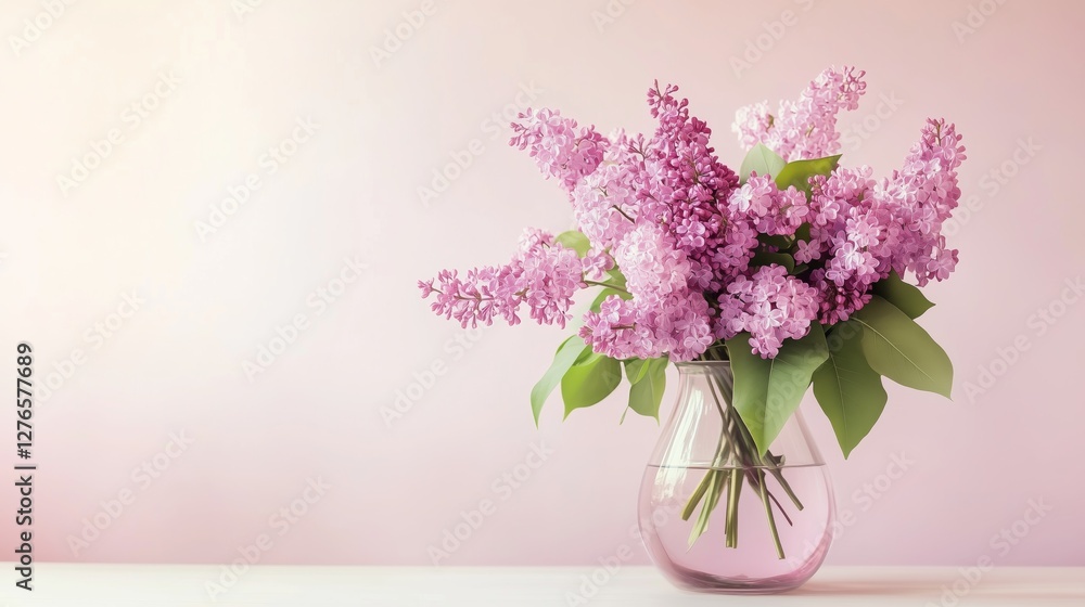 Lilac flowers in a transparent glass vase with water on a pastel pink background. Floral still life with copy space. Springtime and interior decor concept. Lilac flowers in a transparent glass vase with water on a pastel pink background. Floral still life with copy space. Springtime and interior decor concept.