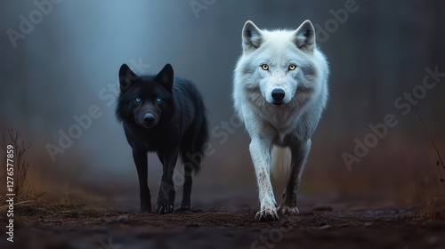 In this captivating image, a black wolf and a white wolf walk side by side through a misty forest, representing friendship and the dual nature of existence in serene surroundings.