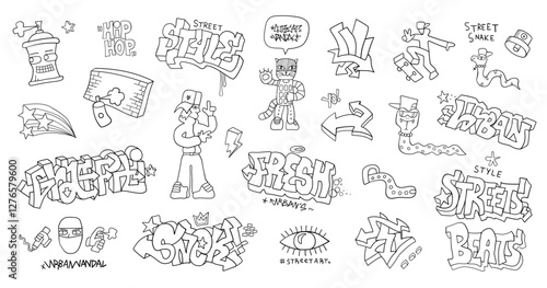  Graffiti doodles funny characters hand drawn lettering vector collection , background for kids
