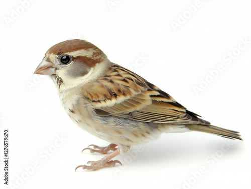 Sparrow viewed from the side, animal setting, isolated on white photo