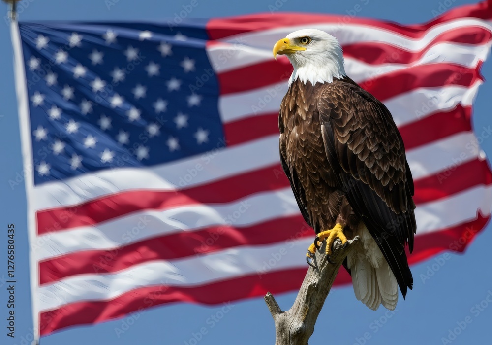 Naklejka premium Bald Eagle Perched Proudly with American Flag Waving in the Background