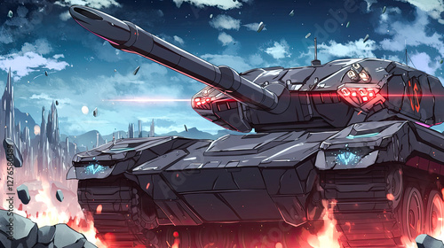 Anime style tank featuring glowing runes and a red light with a futuristic design and powerful appearance in a digital art format photo