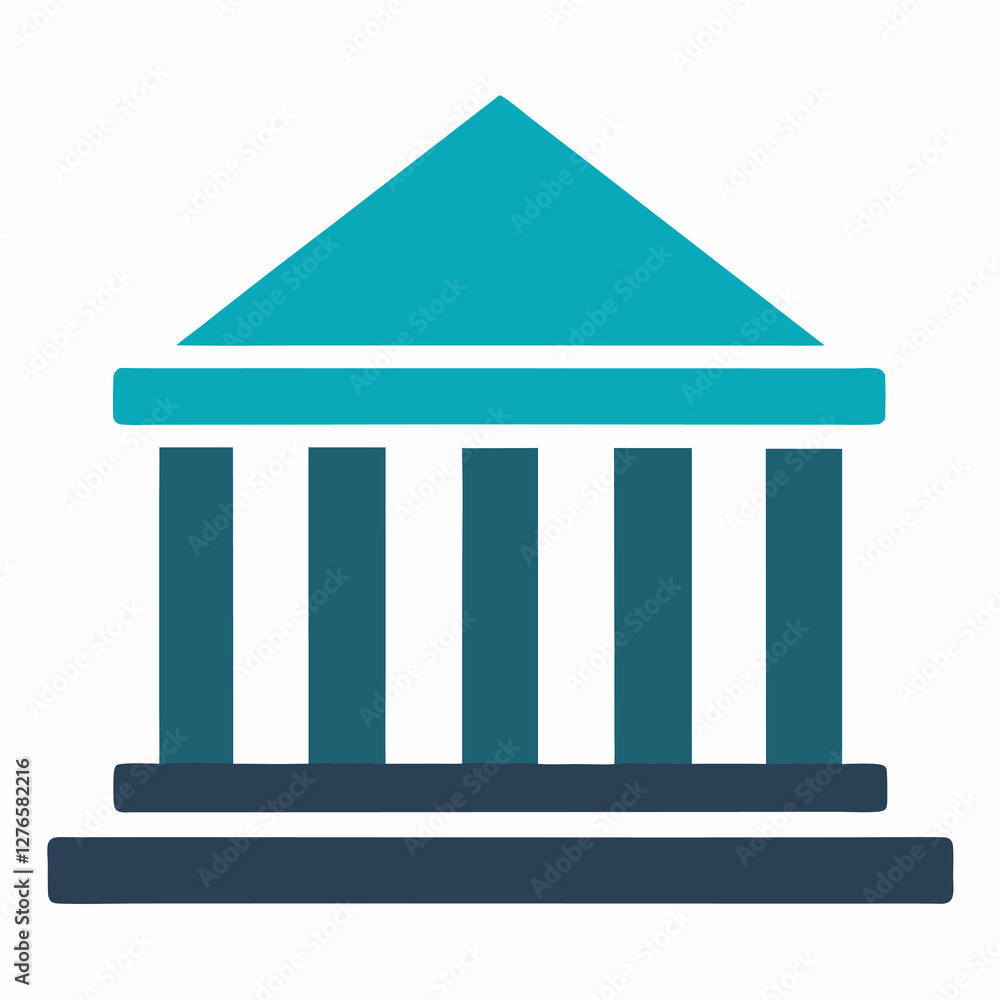 A graphic representation of a building with columns and a triangular roof in teal and dark teal colors. Business themed Graphic resource. A graphic representation of a building with columns and a triangular roof in teal and dark teal colors. Business themed Graphic resource.
