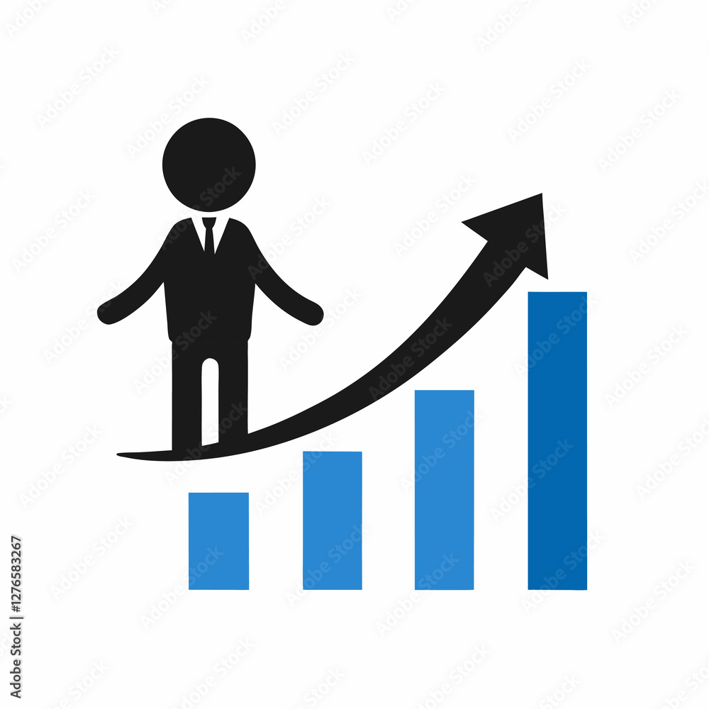 A person on a graph with an arrow going up showing growth and success in a business venture plan. Business themed Graphic resource. A person on a graph with an arrow going up showing growth and success in a business venture plan. Business themed Graphic resource.