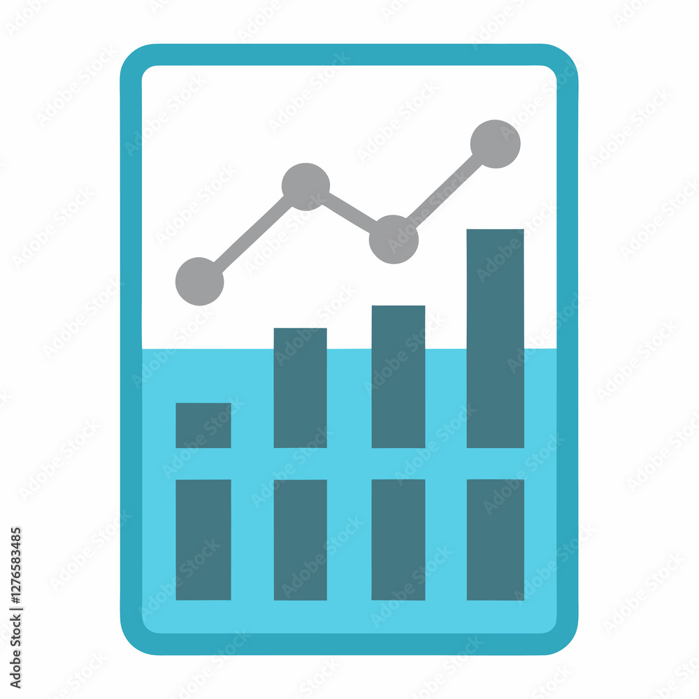 A graphical representation of a bar chart with a line graph inside a blue rounded rectangle shape. Business themed Graphic resource.