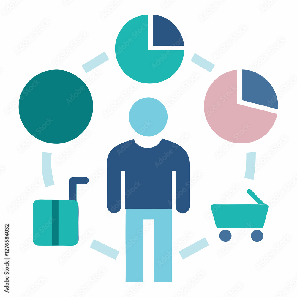 Obraz premium A person surrounded by a circle, pie charts, a suitcase, and a shopping cart icon illustration. Business themed Graphic resource.