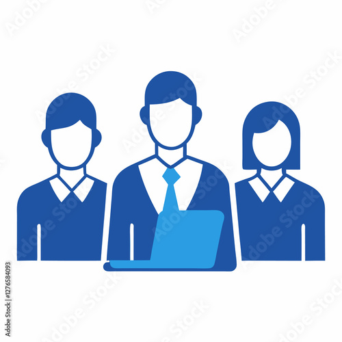 A stylized blue icon depicting three people with one person using a laptop in a business setting. Business themed Graphic resource.