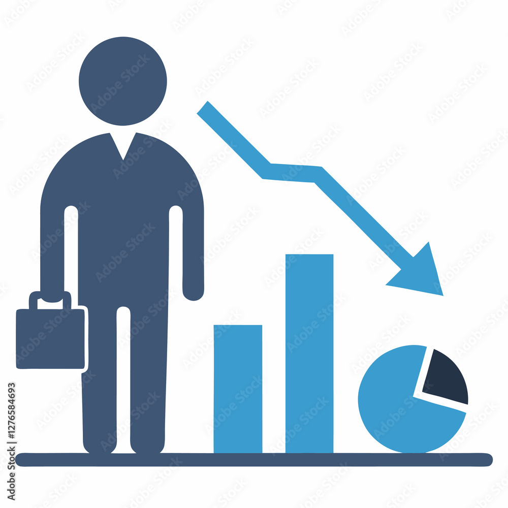 A figure with a briefcase standing next to a downward arrow and charts on a white background . Business themed Graphic resource. A figure with a briefcase standing next to a downward arrow and charts on a white background . Business themed Graphic resource.