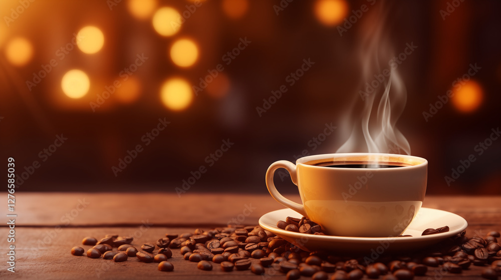 Fototapeta premium Tasse de café ou cappuccino. Boisson chaude, ambiance chaleureuse et relaxante. Arrière-plan pour conception et création graphique.