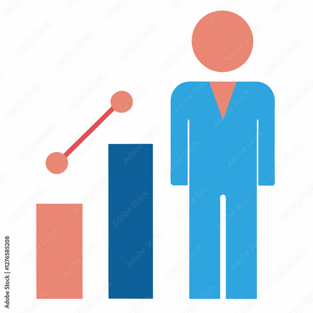 A graphic of a person standing next to a bar graph with an upward trending line and two data points. Business themed Graphic resource. A graphic of a person standing next to a bar graph with an upward trending line and two data points. Business themed Graphic resource.