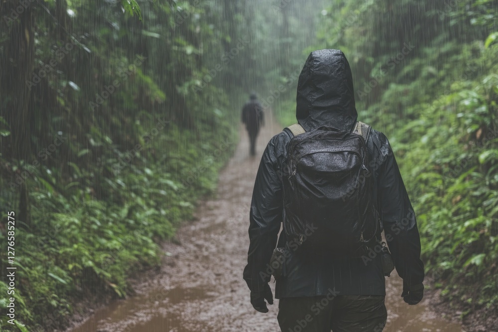 Misty forest path reveals two hikers exploring nature's serene b Misty forest path reveals two hikers exploring nature's serene b