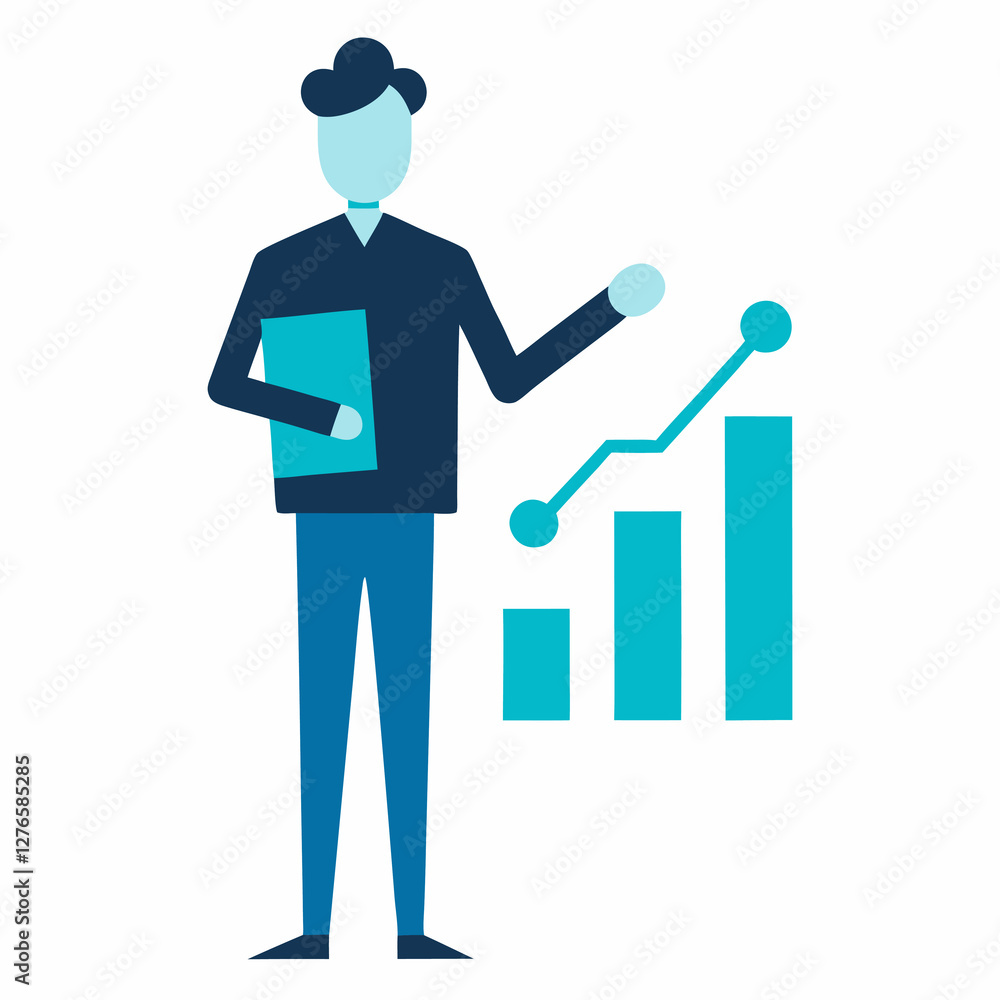 A person standing next to a bar graph with a rising line holding a folder in light blue colors. Business themed Graphic resource. A person standing next to a bar graph with a rising line holding a folder in light blue colors. Business themed Graphic resource.