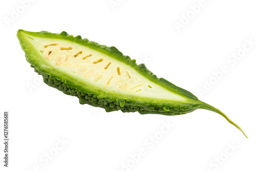 Fresh bitter gourd Bitter cucumber or bitter melon with cut slice isolated on a transparent background. photo