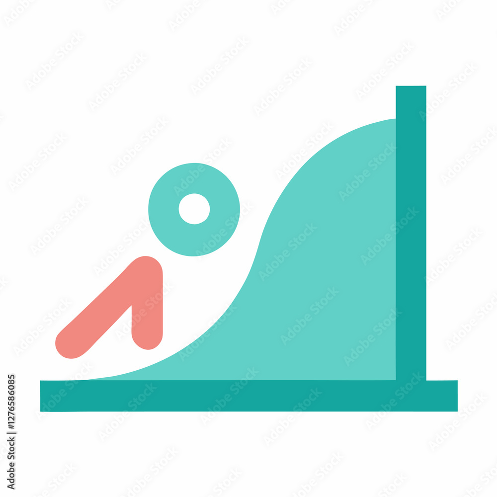 A graphical representation of a person sliding down a ramp in teal and coral colors on white ground. Business themed Graphic resource. A graphical representation of a person sliding down a ramp in teal and coral colors on white ground. Business themed Graphic resource.