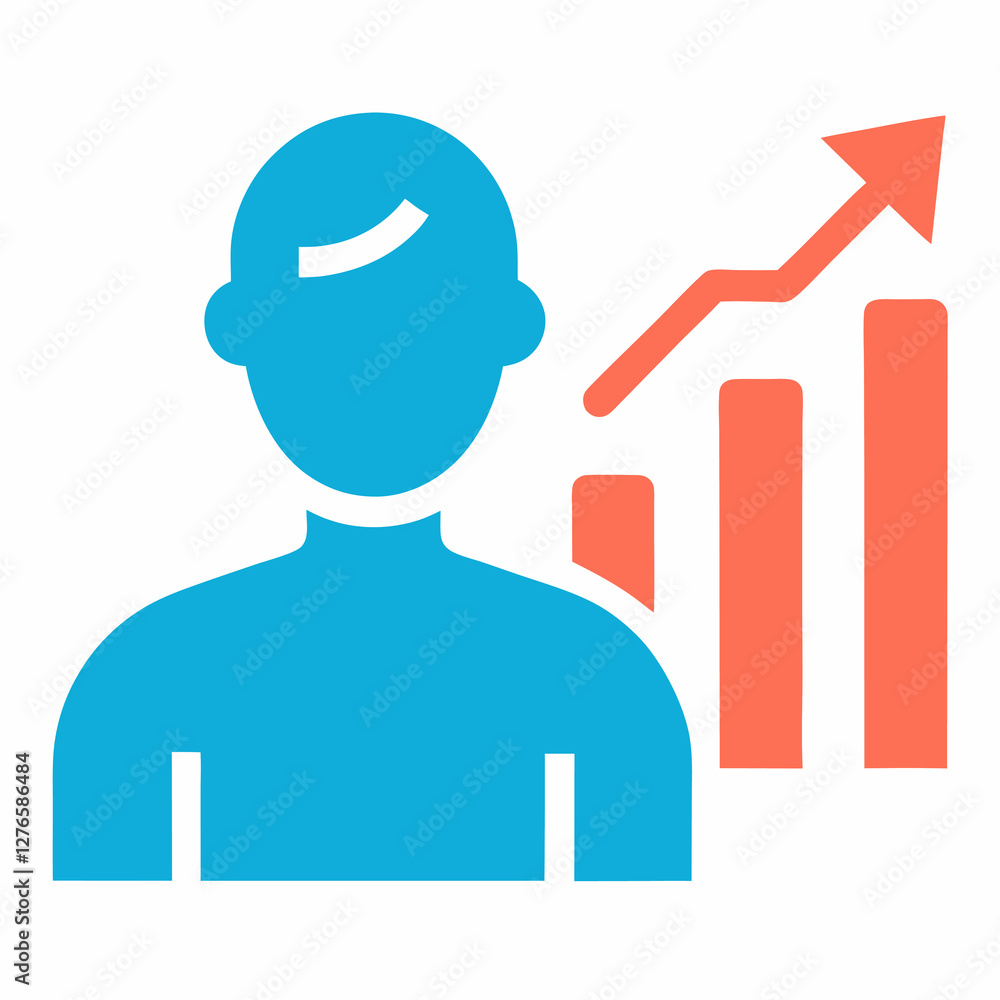A blue person icon with an orange upward trending bar graph and arrow on an isolated white background. Business themed Graphic resource. A blue person icon with an orange upward trending bar graph and arrow on an isolated white background. Business themed Graphic resource.