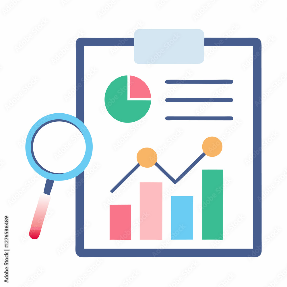 Illustration of a clipboard with charts and a magnifying glass for data analysis and review. Business themed Graphic resource. Illustration of a clipboard with charts and a magnifying glass for data analysis and review. Business themed Graphic resource.